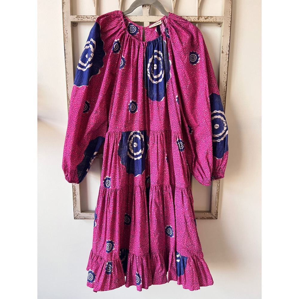 Ulla Johnson Pink Navy Batik Cotton Tiered Puff Sleeve Mini Dress Womens‎ Size 2